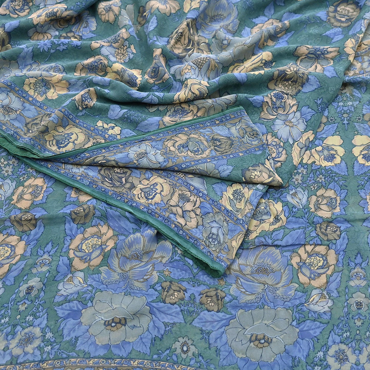 Indian Vintage Sari Green Pure Georgette Silk Printed Saree Craft Fabric Sewing 5Yd Soft Light Dress Making Crafting Quilting Upcycle