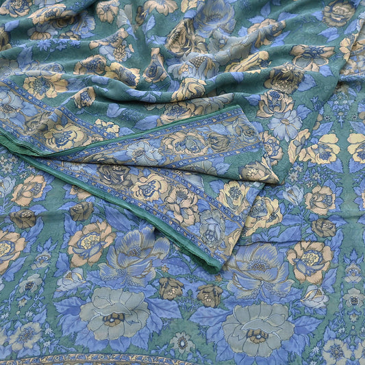 Indian Vintage Sari Green Pure Georgette Silk Printed Saree Craft Fabric Sewing 5Yd Soft Light Dress Making Crafting Quilting Upcycle