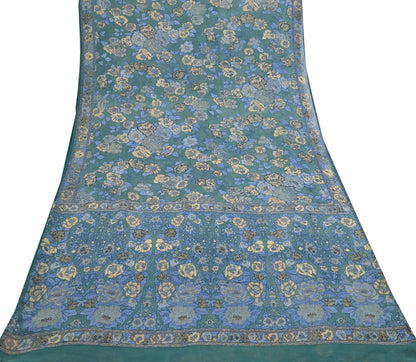 Indian Vintage Sari Green Pure Georgette Silk Printed Saree Craft Fabric Sewing 5Yd Soft Light Dress Making Crafting Quilting Upcycle