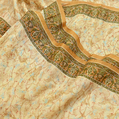Indian Vintage Sari Beige 100% Pure Silk Printed Sarees 5yd Craft Fabric Sewing Soft Dress Making Floral Quilting Crafting Upcycle