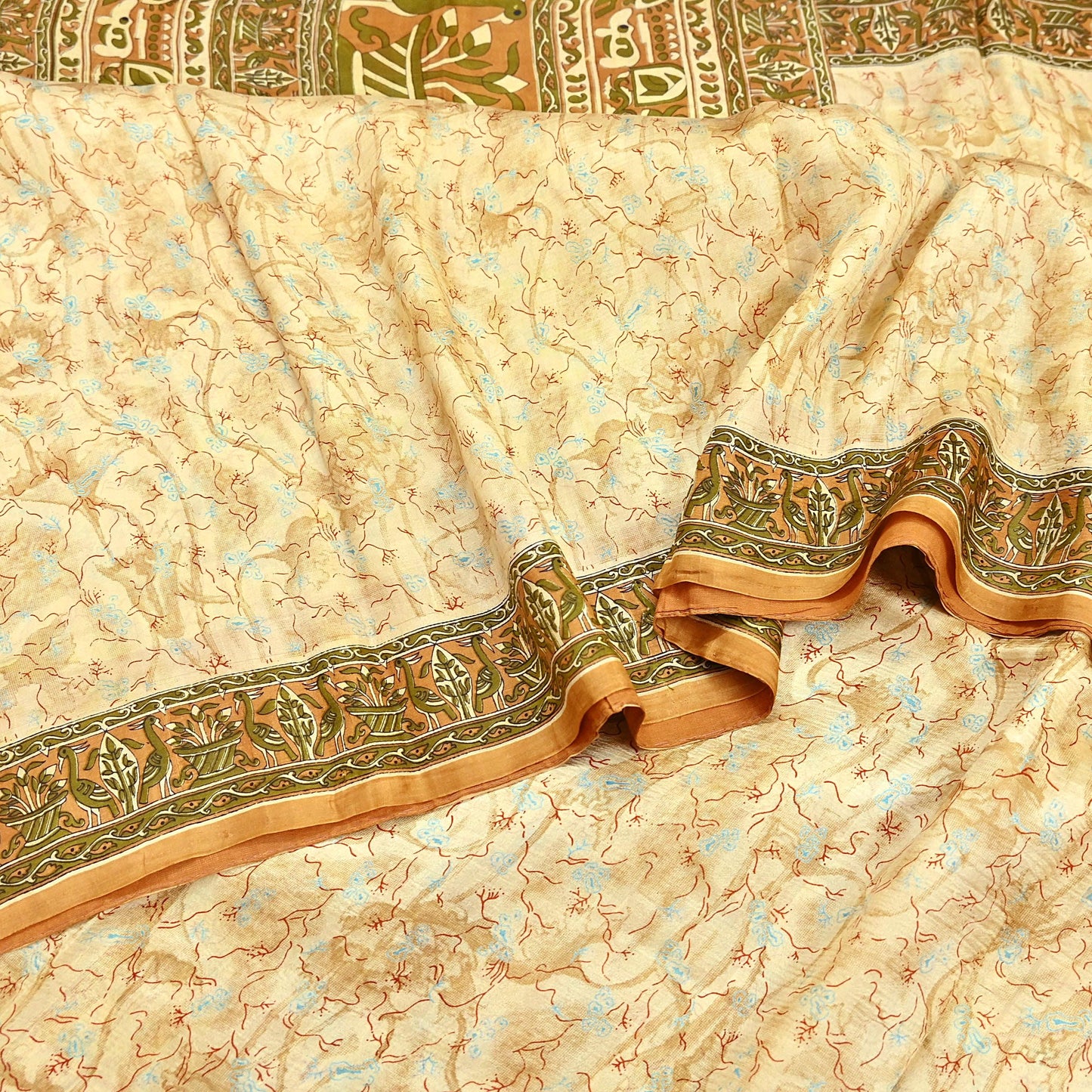 Indian Vintage Sari Beige 100% Pure Silk Printed Sarees 5yd Craft Fabric Sewing Soft Dress Making Floral Quilting Crafting Upcycle