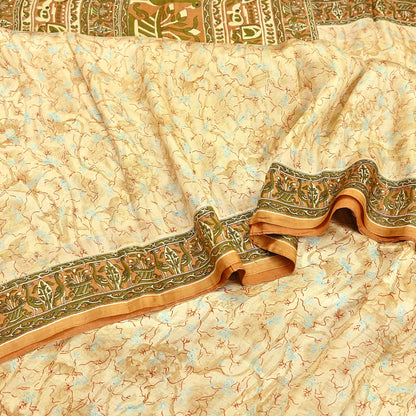 Indian Vintage Sari Beige 100% Pure Silk Printed Sarees 5yd Craft Fabric Sewing Soft Dress Making Floral Quilting Crafting Upcycle