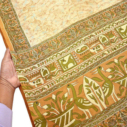 Indian Vintage Sari Beige 100% Pure Silk Printed Sarees 5yd Craft Fabric Sewing Soft Dress Making Floral Quilting Crafting Upcycle