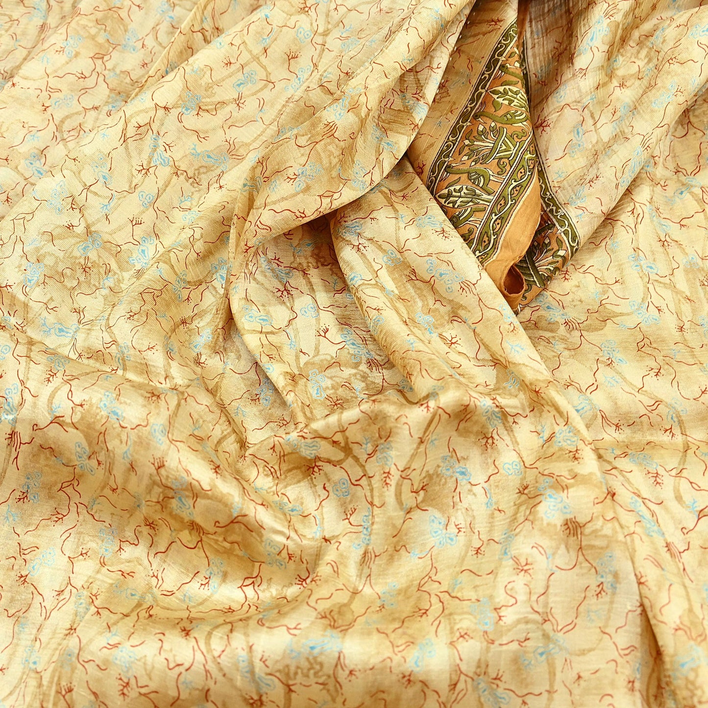 Indian Vintage Sari Beige 100% Pure Silk Printed Sarees 5yd Craft Fabric Sewing Soft Dress Making Floral Quilting Crafting Upcycle