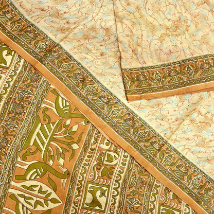 Indian Vintage Sari Beige 100% Pure Silk Printed Sarees 5yd Craft Fabric Sewing Soft Dress Making Floral Quilting Crafting Upcycle