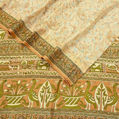 Indian Vintage Sari Beige 100% Pure Silk Printed Sarees 5yd Craft Fabric Sewing Soft Dress Making Floral Quilting Crafting Upcycle