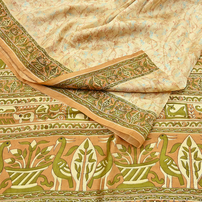 Indian Vintage Sari Beige 100% Pure Silk Printed Sarees 5yd Craft Fabric Sewing Soft Dress Making Floral Quilting Crafting Upcycle