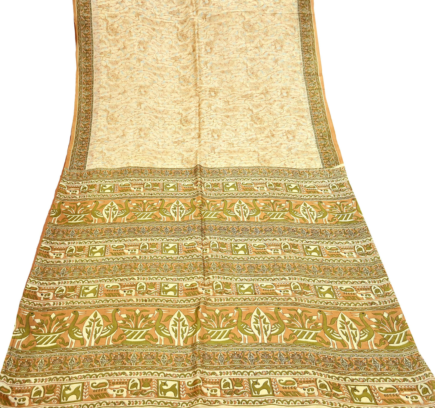Indian Vintage Sari Beige 100% Pure Silk Printed Sarees 5yd Craft Fabric Sewing Soft Dress Making Floral Quilting Crafting Upcycle
