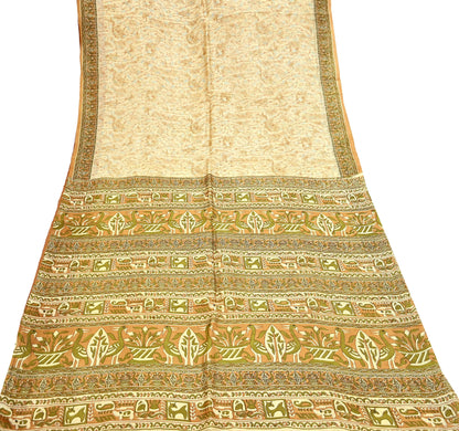 Indian Vintage Sari Beige 100% Pure Silk Printed Sarees 5yd Craft Fabric Sewing Soft Dress Making Floral Quilting Crafting Upcycle