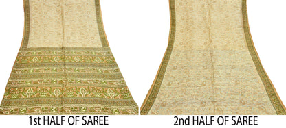 Indian Vintage Sari Beige 100% Pure Silk Printed Sarees 5yd Craft Fabric Sewing Soft Dress Making Floral Quilting Crafting Upcycle