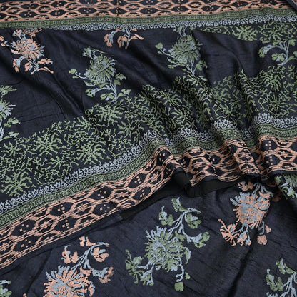 Indian Vintage Sari Black 100% Pure Tussar Silk Hand Painted Sarees 5yd Sewing Craft Fabric Dress Making Soft Woven Border Upcycle Quilting