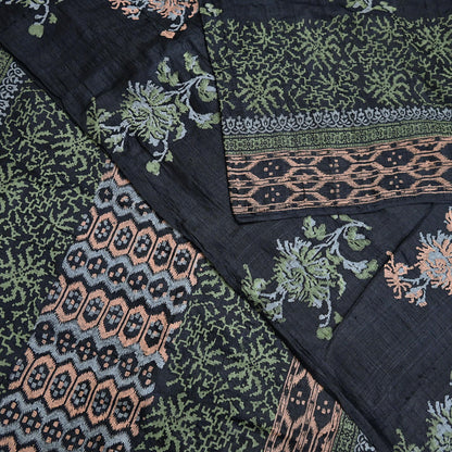 Indian Vintage Sari Black 100% Pure Tussar Silk Hand Painted Sarees 5yd Sewing Craft Fabric Dress Making Soft Woven Border Upcycle Quilting