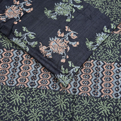 Indian Vintage Sari Black 100% Pure Tussar Silk Hand Painted Sarees 5yd Sewing Craft Fabric Dress Making Soft Woven Border Upcycle Quilting