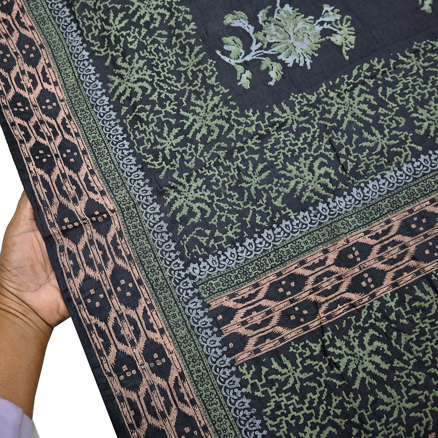 Indian Vintage Sari Black 100% Pure Tussar Silk Hand Painted Sarees 5yd Sewing Craft Fabric Dress Making Soft Woven Border Upcycle Quilting