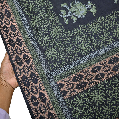 Indian Vintage Sari Black 100% Pure Tussar Silk Hand Painted Sarees 5yd Sewing Craft Fabric Dress Making Soft Woven Border Upcycle Quilting