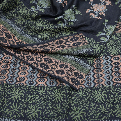 Indian Vintage Sari Black 100% Pure Tussar Silk Hand Painted Sarees 5yd Sewing Craft Fabric Dress Making Soft Woven Border Upcycle Quilting