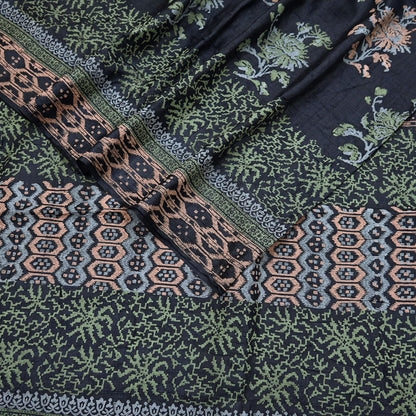 Indian Vintage Sari Black 100% Pure Tussar Silk Hand Painted Sarees 5yd Sewing Craft Fabric Dress Making Soft Woven Border Upcycle Quilting