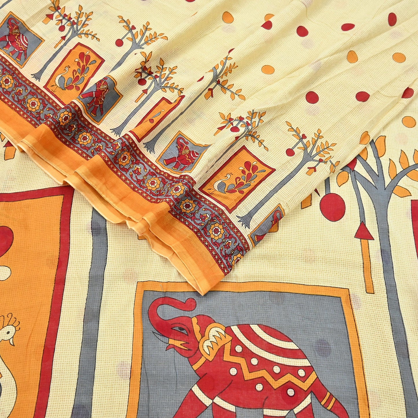 Indian Vintage Sari Ivory Printed 100% Pure Cotton Saree Craft Fabric 5Yd Soft Sewing Sarong Wrap Boho Stripes Dress making Quilting