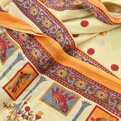 Indian Vintage Sari Ivory Printed 100% Pure Cotton Saree Craft Fabric 5Yd Soft Sewing Sarong Wrap Boho Stripes Dress making Quilting