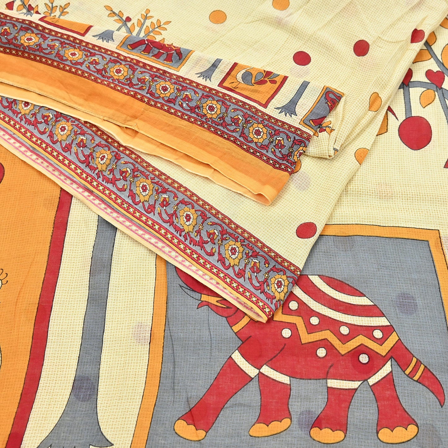 Indian Vintage Sari Ivory Printed 100% Pure Cotton Saree Craft Fabric 5Yd Soft Sewing Sarong Wrap Boho Stripes Dress making Quilting