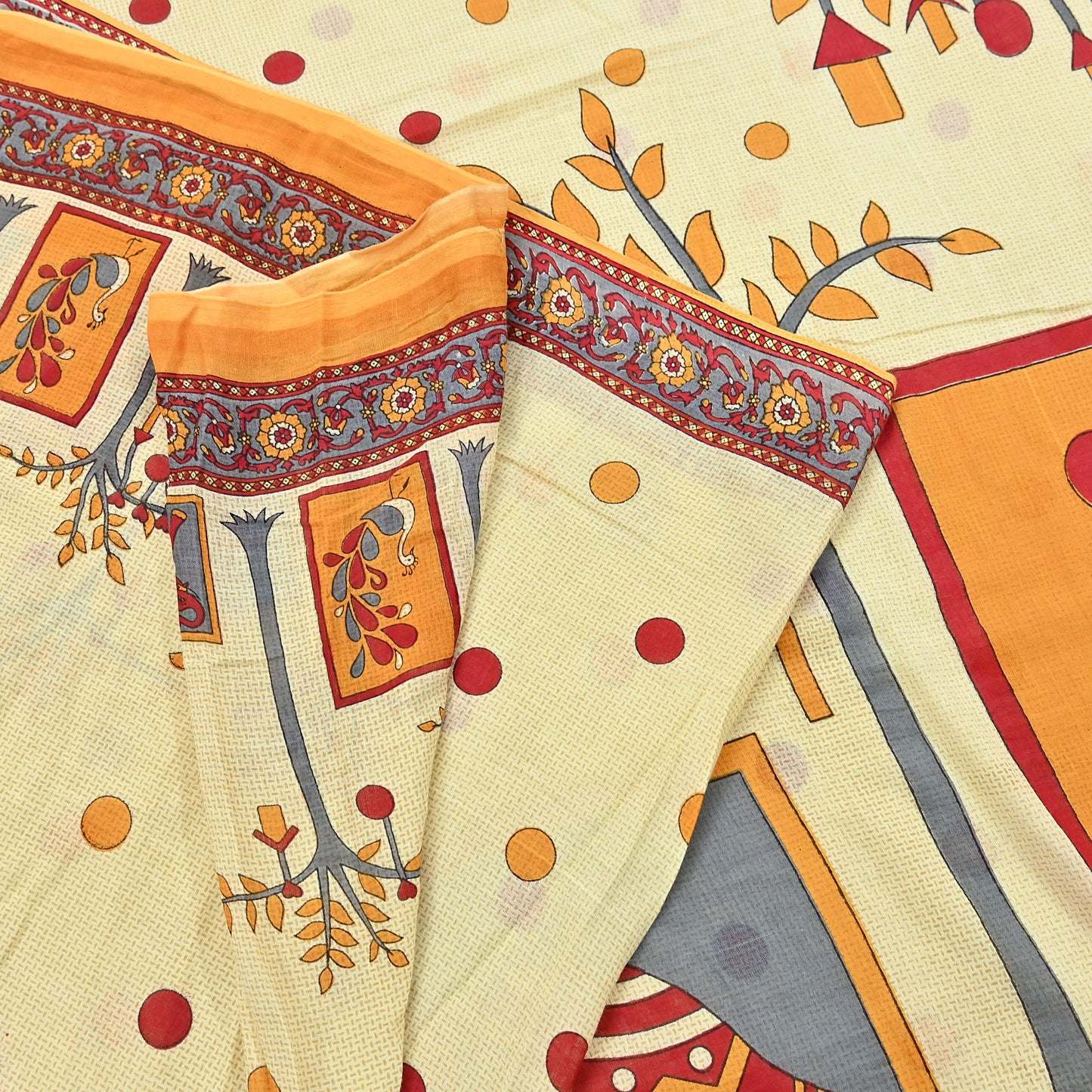 Indian Vintage Sari Ivory Printed 100% Pure Cotton Saree Craft Fabric 5Yd Soft Sewing Sarong Wrap Boho Stripes Dress making Quilting