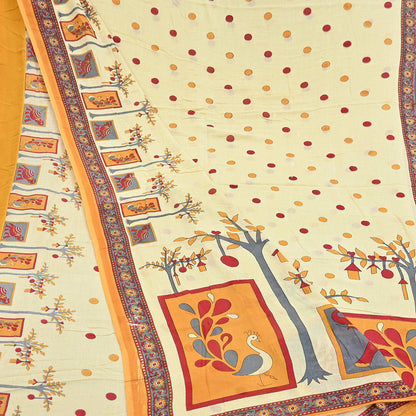 Indian Vintage Sari Ivory Printed 100% Pure Cotton Saree Craft Fabric 5Yd Soft Sewing Sarong Wrap Boho Stripes Dress making Quilting