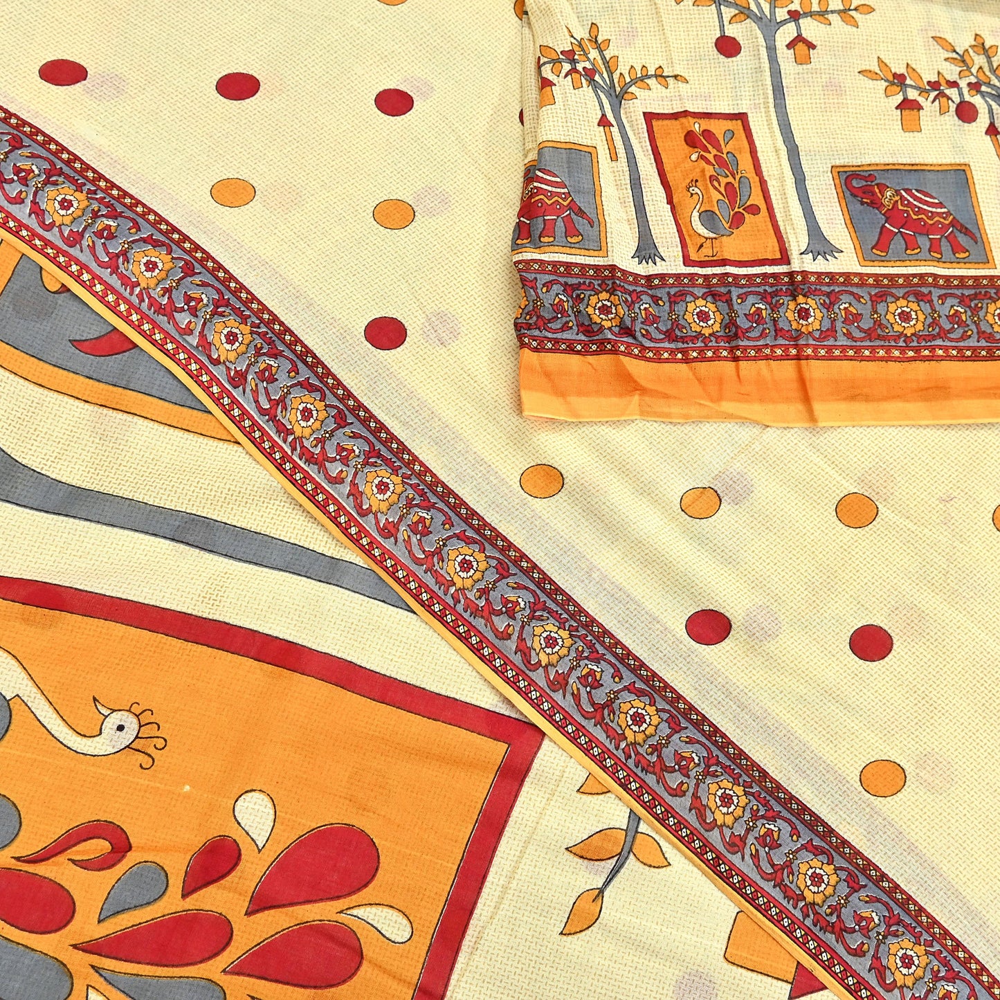 Indian Vintage Sari Ivory Printed 100% Pure Cotton Saree Craft Fabric 5Yd Soft Sewing Sarong Wrap Boho Stripes Dress making Quilting