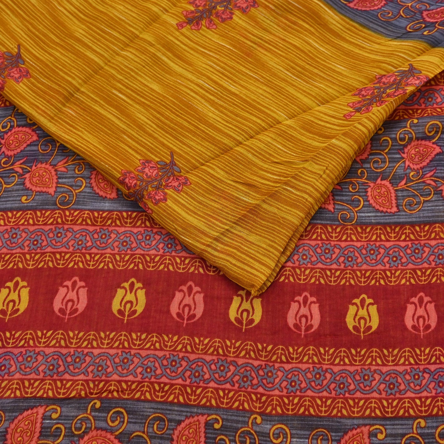 Indian Vintage Sari Red & Yellow Printed 100% Pure Cotton Saree Craft Fabric 5Yd Soft Sewing Sarong Wrap Boho Dress making Quilting Upcycle