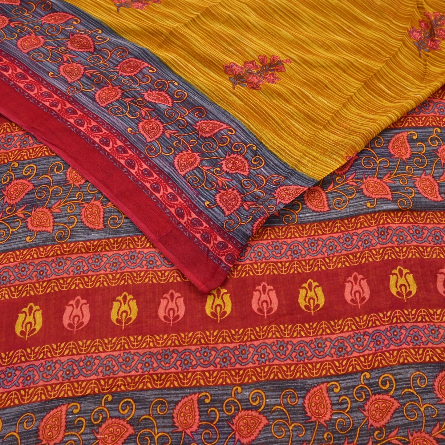 Indian Vintage Sari Red & Yellow Printed 100% Pure Cotton Saree Craft Fabric 5Yd Soft Sewing Sarong Wrap Boho Dress making Quilting Upcycle