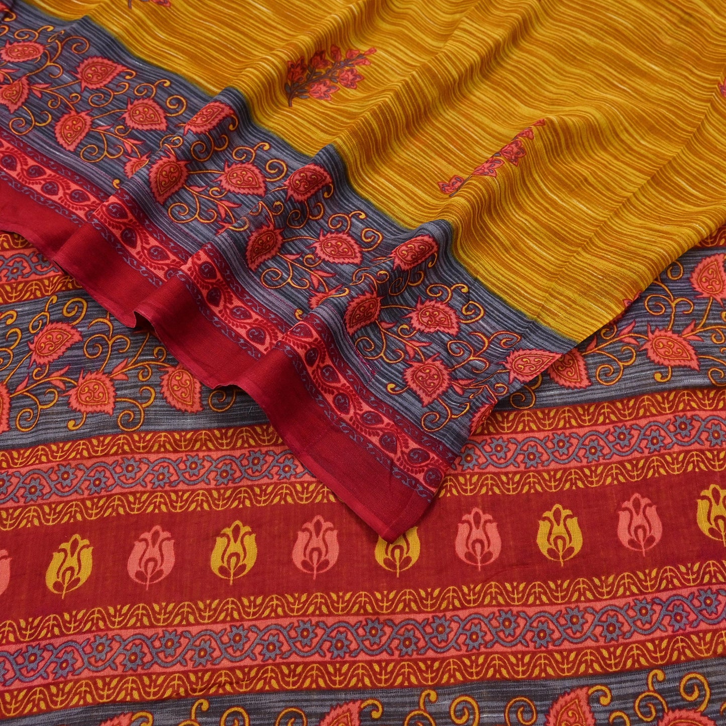 Indian Vintage Sari Red & Yellow Printed 100% Pure Cotton Saree Craft Fabric 5Yd Soft Sewing Sarong Wrap Boho Dress making Quilting Upcycle