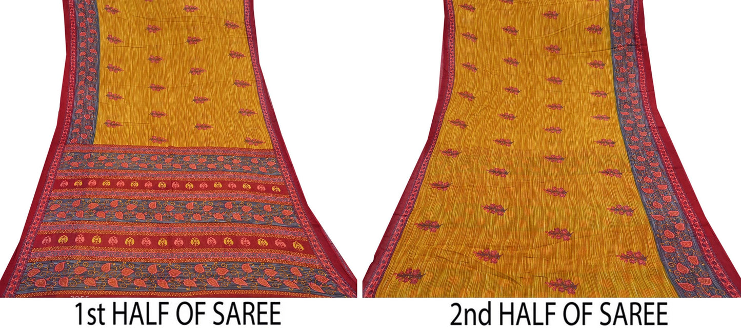 Indian Vintage Sari Red & Yellow Printed 100% Pure Cotton Saree Craft Fabric 5Yd Soft Sewing Sarong Wrap Boho Dress making Quilting Upcycle