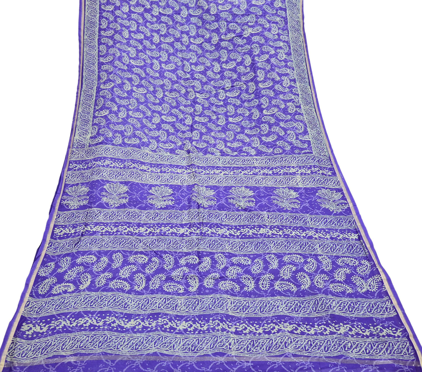 Indian Vintage Saree Purple Bagru Printed Sari Pure Chanderi Silk Sari Fabric 5Yard Floral Soft Golden Zari