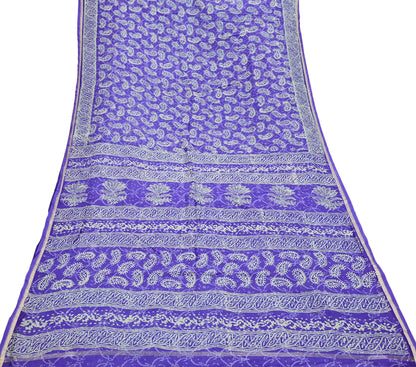 Indian Vintage Saree Purple Bagru Printed Sari Pure Chanderi Silk Sari Fabric 5Yard Floral Soft Golden Zari