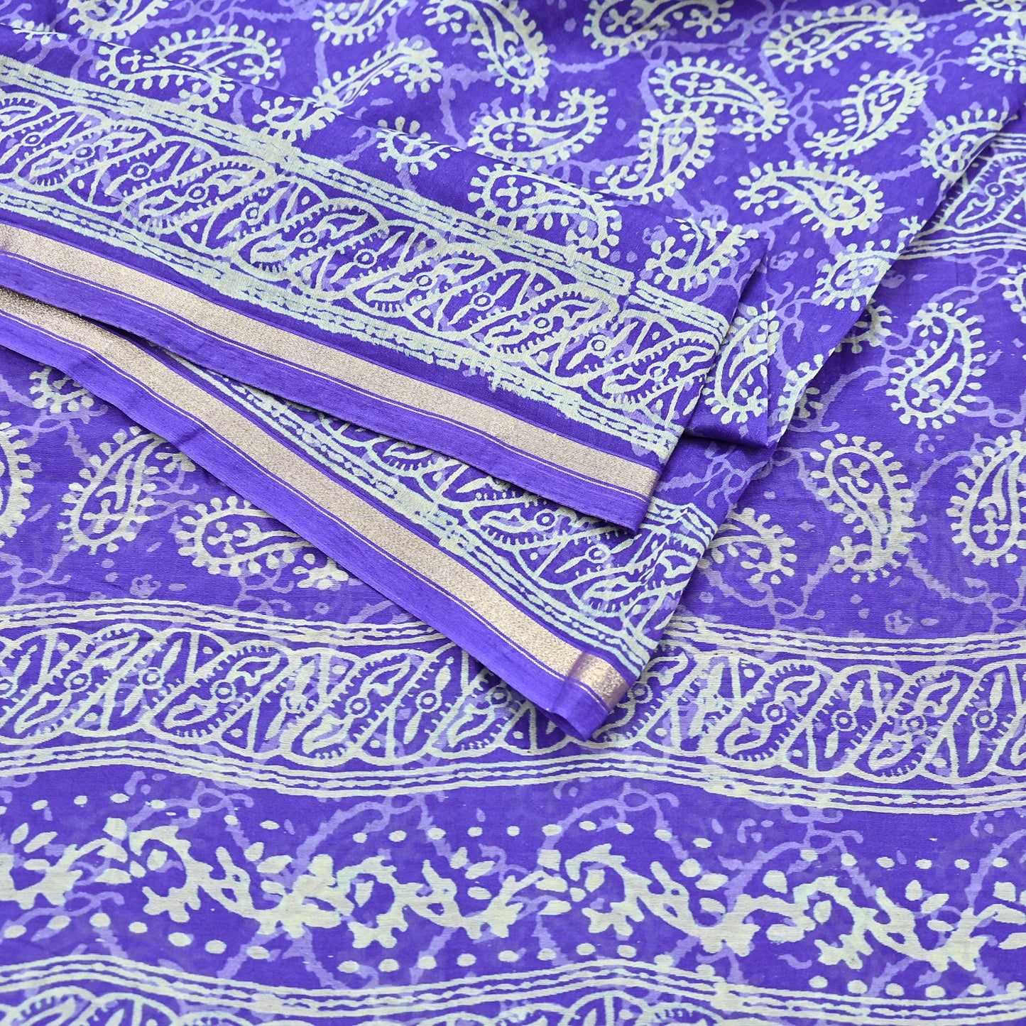 Indian Vintage Saree Purple Bagru Printed Sari Pure Chanderi Silk Sari Fabric 5Yard Floral Soft Golden Zari