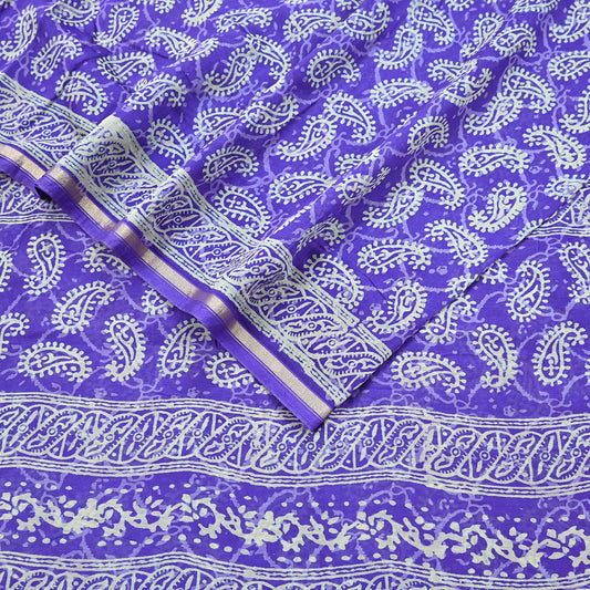 Indian Vintage Saree Purple Bagru Printed Sari Pure Chanderi Silk Sari Fabric 5Yard Floral Soft Golden Zari