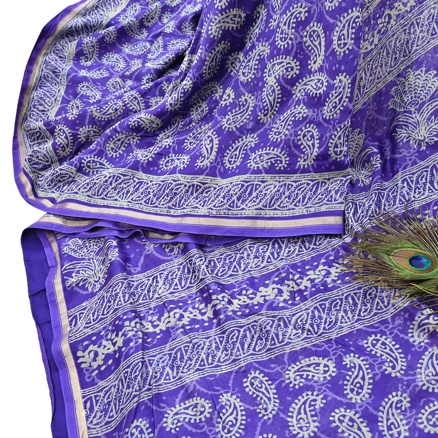 Indian Vintage Saree Purple Bagru Printed Sari Pure Chanderi Silk Sari Fabric 5Yard Floral Soft Golden Zari