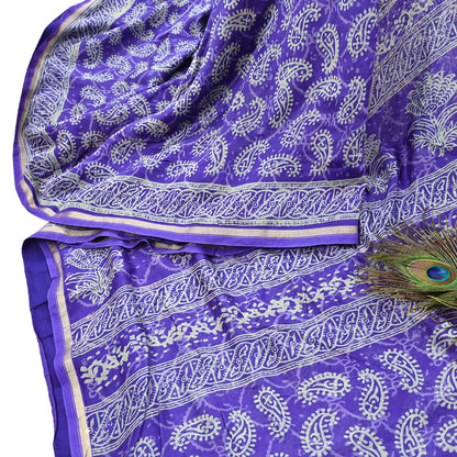 Indian Vintage Saree Purple Bagru Printed Sari Pure Chanderi Silk Sari Fabric 5Yard Floral Soft Golden Zari