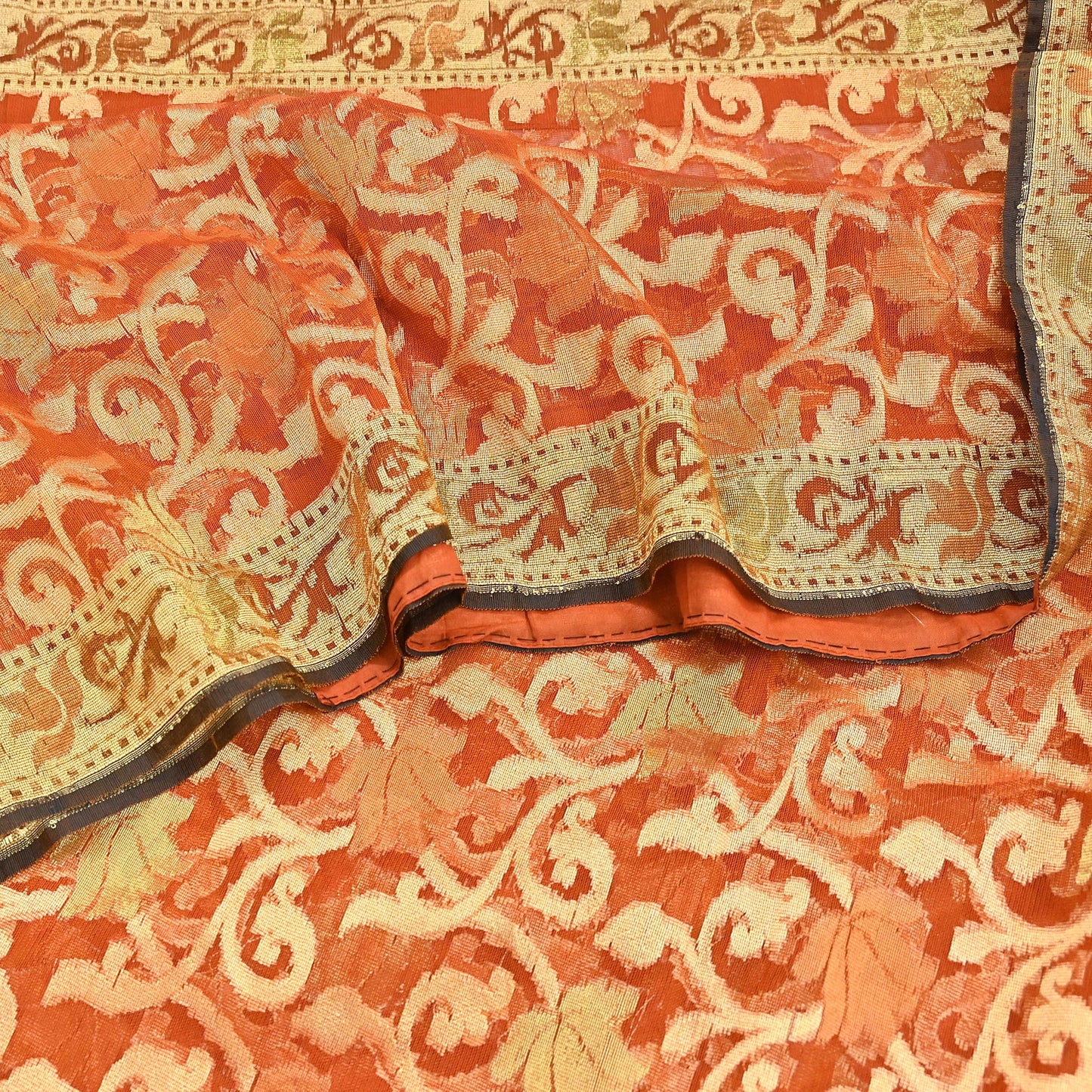 Indian Vintage Sari Orange Artificial Silk Hand Woven Sarees 5yd Ethnic Floral Craft Fabric Sewing Wedding Sarees Dress making Crafting