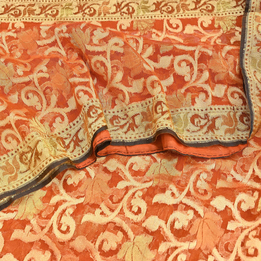 Indian Vintage Sari Orange Artificial Silk Hand Woven Sarees 5yd Ethnic Floral Craft Fabric Sewing Wedding Sarees Dress making Crafting