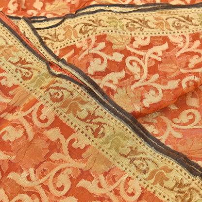 Indian Vintage Sari Orange Artificial Silk Hand Woven Sarees 5yd Ethnic Floral Craft Fabric Sewing Wedding Sarees Dress making Crafting