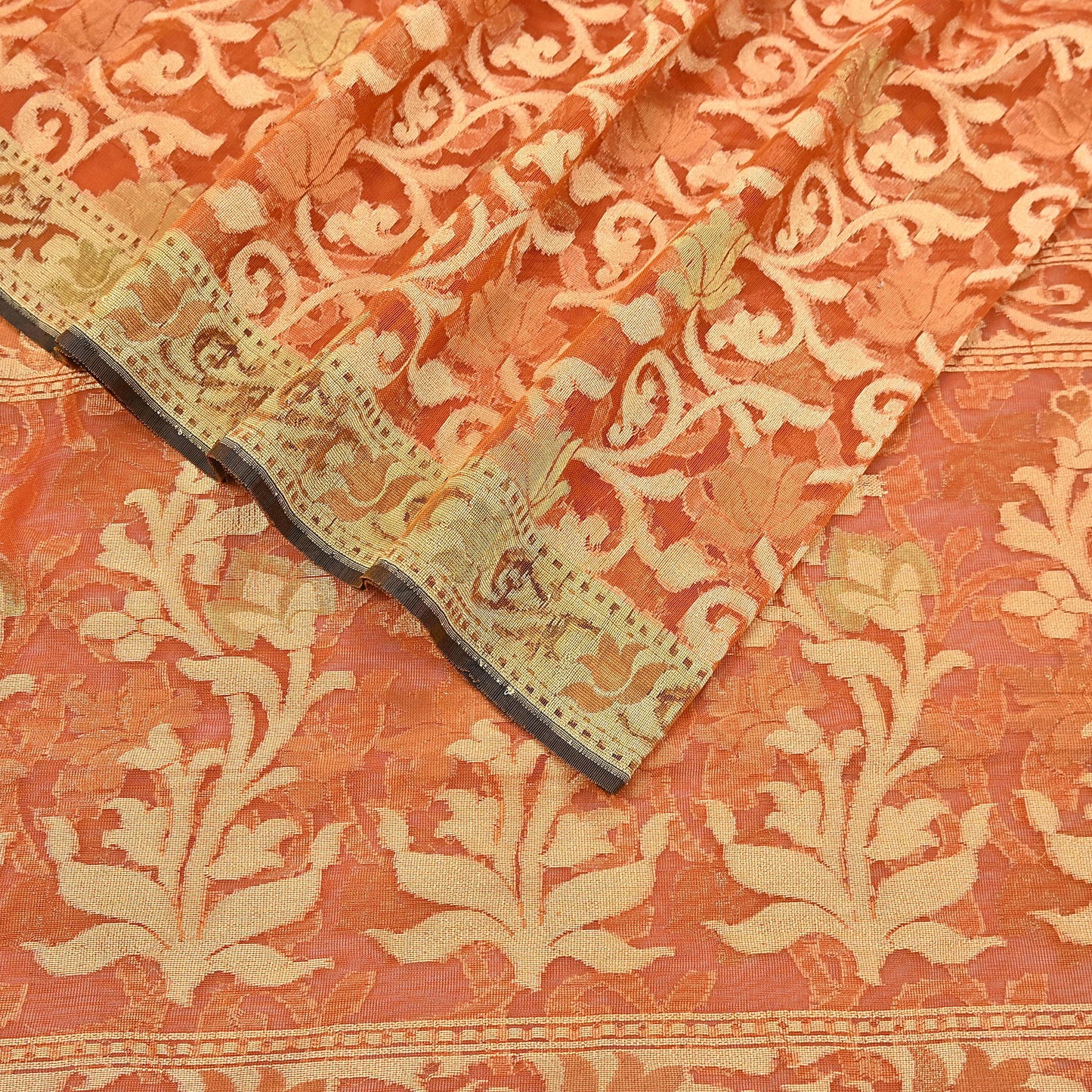 Indian Vintage Sari Orange Artificial Silk Hand Woven Sarees 5yd Ethnic Floral Craft Fabric Sewing Wedding Sarees Dress making Crafting
