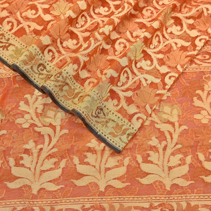 Indian Vintage Sari Orange Artificial Silk Hand Woven Sarees 5yd Ethnic Floral Craft Fabric Sewing Wedding Sarees Dress making Crafting