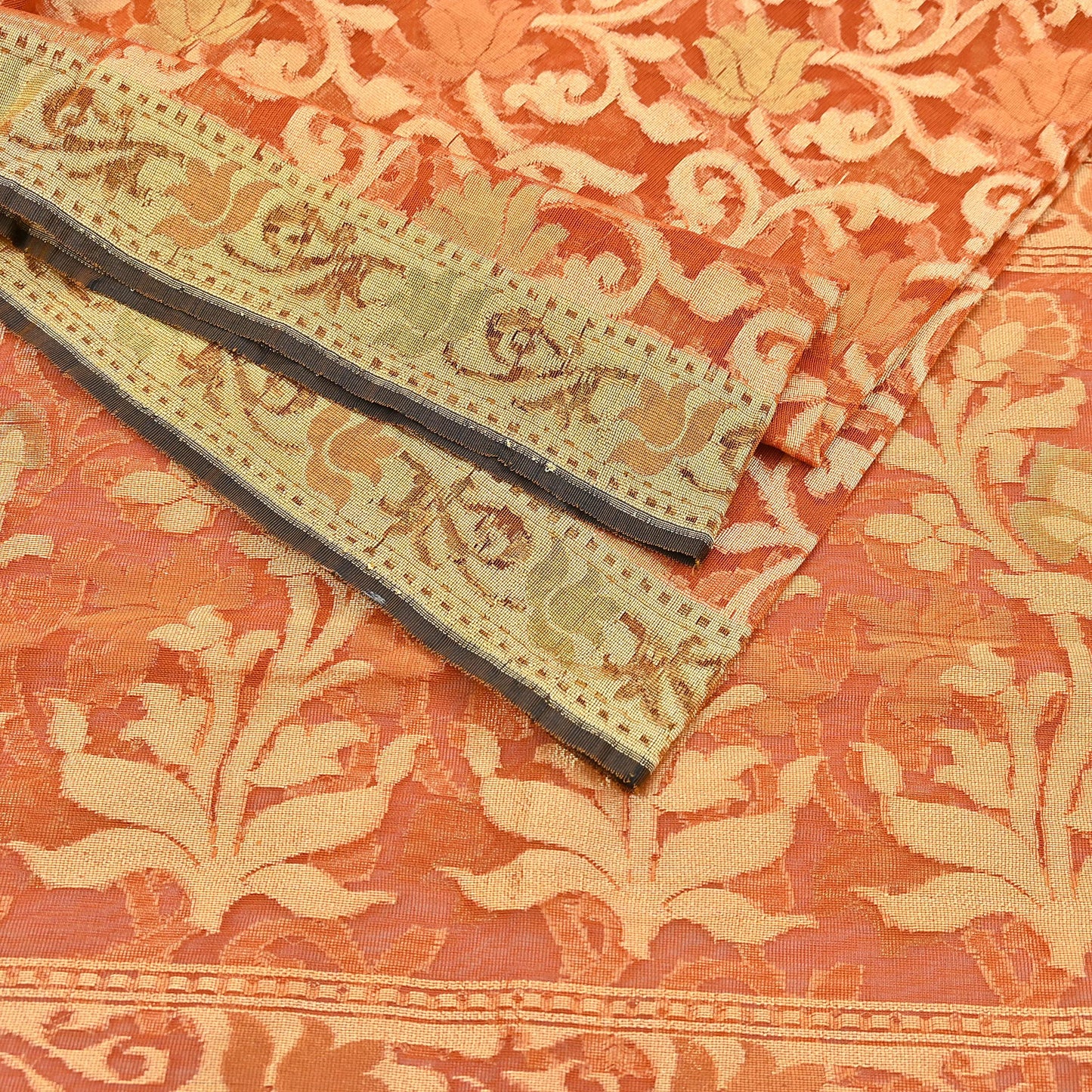 Indian Vintage Sari Orange Artificial Silk Hand Woven Sarees 5yd Ethnic Floral Craft Fabric Sewing Wedding Sarees Dress making Crafting