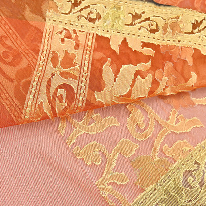 Indian Vintage Sari Orange Artificial Silk Hand Woven Sarees 5yd Ethnic Floral Craft Fabric Sewing Wedding Sarees Dress making Crafting