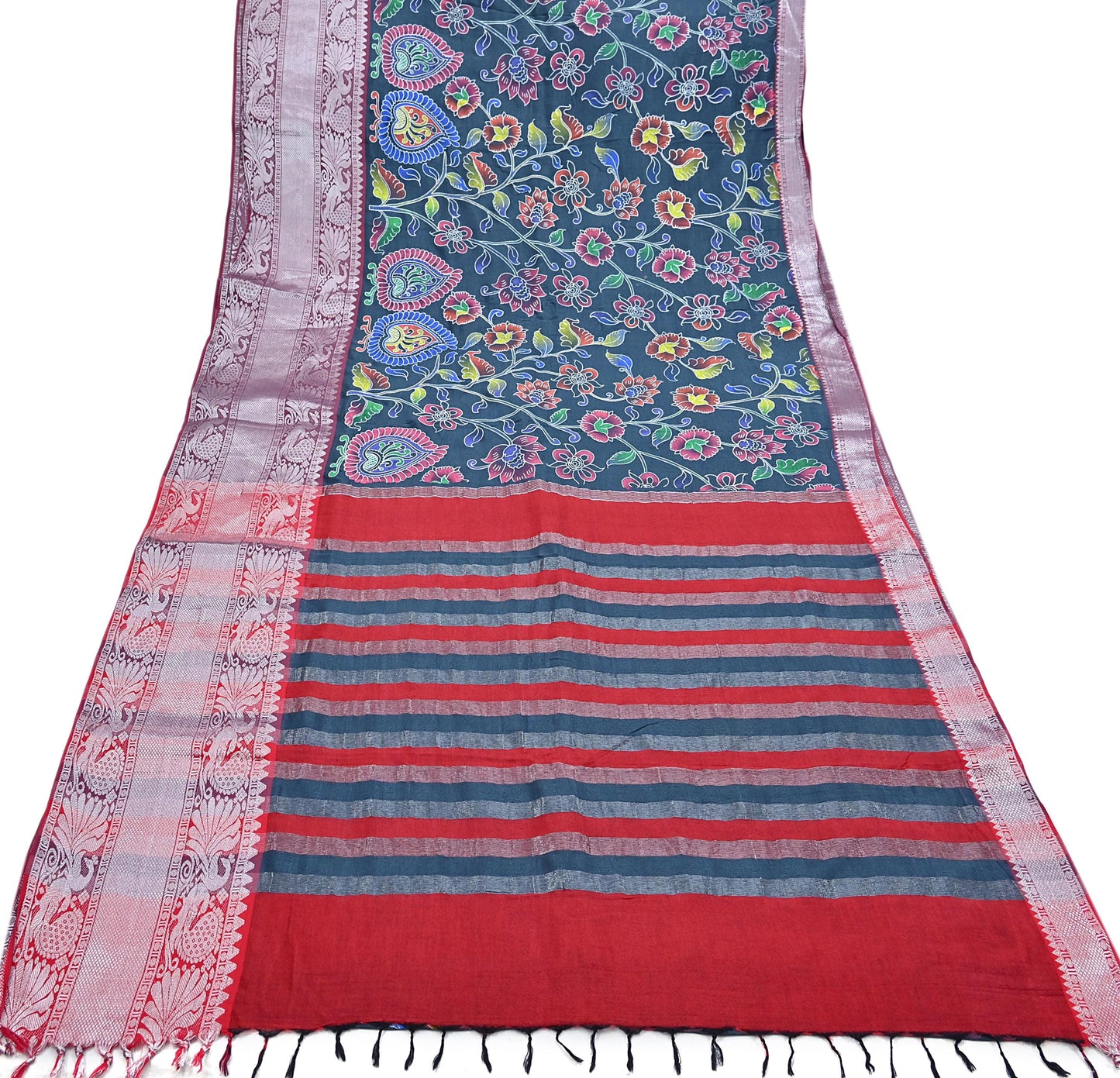 Indian Vintage Sari Gray & Red Hand Painted Sarees Pure Cotton Craft Fabric 5Yd Floral Soft Dress Making Zari Border Crafting Quilting