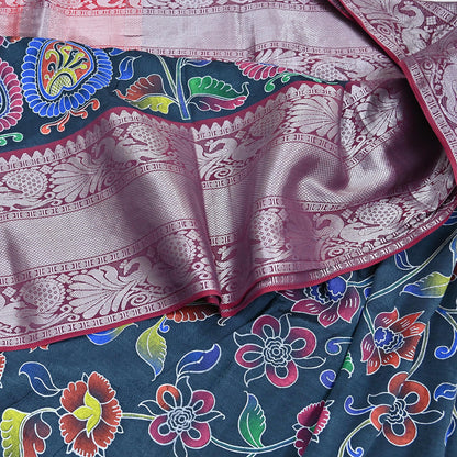 Indian Vintage Sari Gray & Red Hand Painted Sarees Pure Cotton Craft Fabric 5Yd Floral Soft Dress Making Zari Border Crafting Quilting