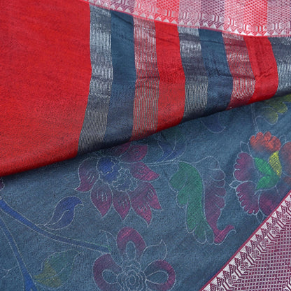 Indian Vintage Sari Gray & Red Hand Painted Sarees Pure Cotton Craft Fabric 5Yd Floral Soft Dress Making Zari Border Crafting Quilting