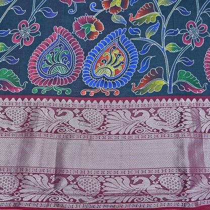 Indian Vintage Sari Gray & Red Hand Painted Sarees Pure Cotton Craft Fabric 5Yd Floral Soft Dress Making Zari Border Crafting Quilting