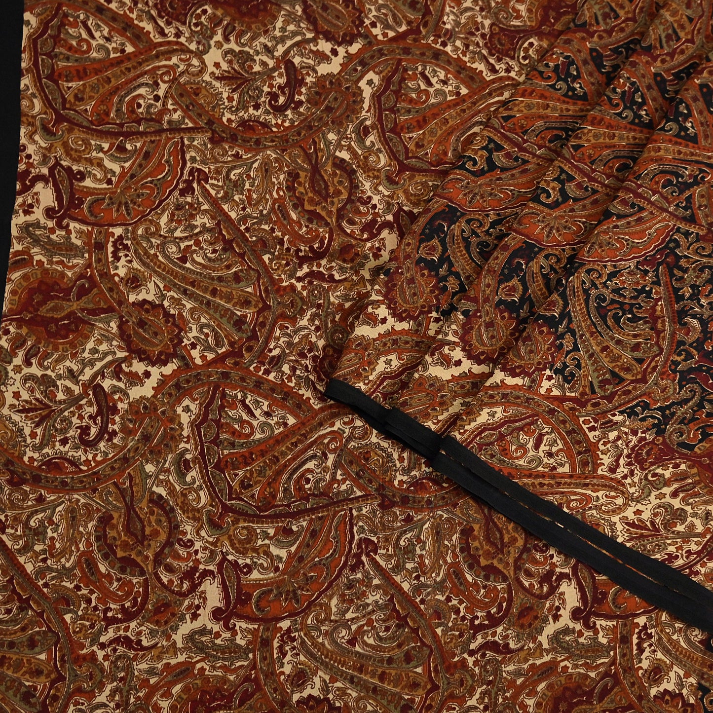 Indian Vintage Beige & Black Pure Crepe Silk Saree Floral Block Print 6 Yards Soft Sewing Fabric for Dressmaking, Quilting, Crafting