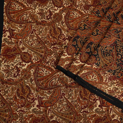 Indian Vintage Beige & Black Pure Crepe Silk Saree Floral Block Print 6 Yards Soft Sewing Fabric for Dressmaking, Quilting, Crafting